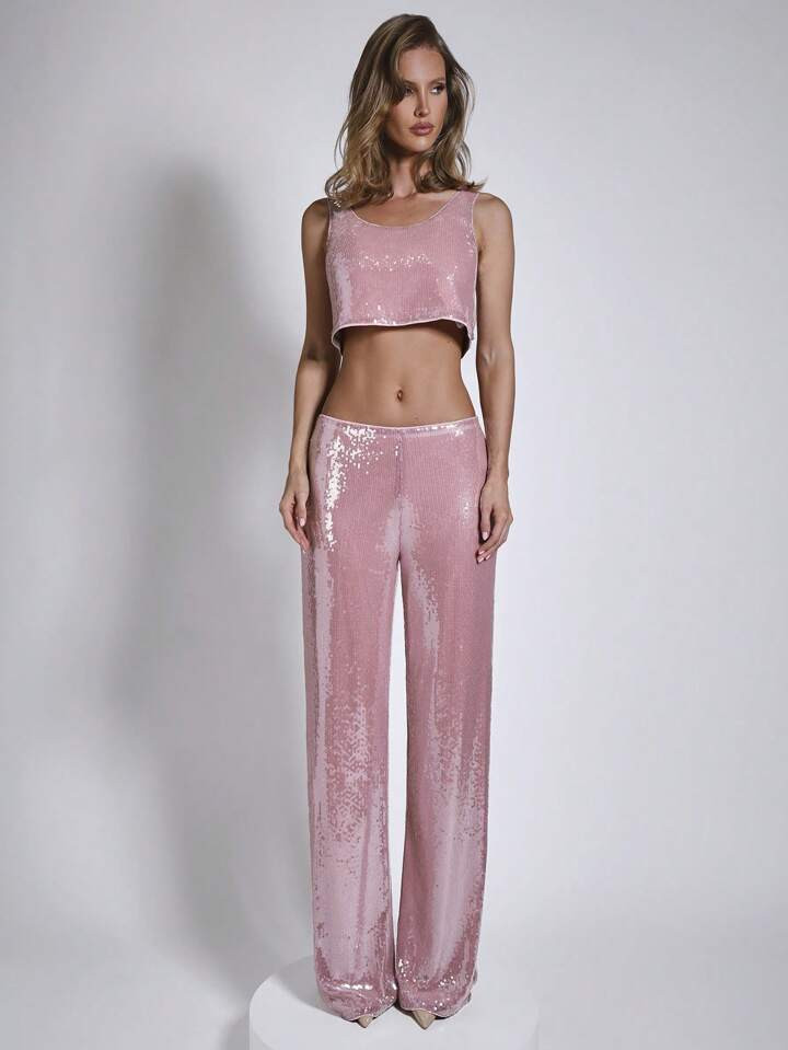 COSMINA Spring And Summer Ladies Elegant Commuter Party Pink Sequin Straight Trousers | SHEIN