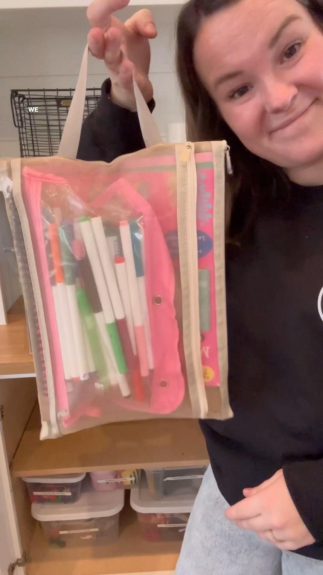 Usually we're rushing out the door & the last thing I'm searching for is something to help entertain my kids. This simplifies that. The work is already done. Just find the bag I want & go! We store ours in wire bins in a cabinet that everyone can access.

I love that the bags are clear (so we can all see what's inside), have 2 zipper pouches per bag (hold multiple activities or separate activities out), & have a handle! 