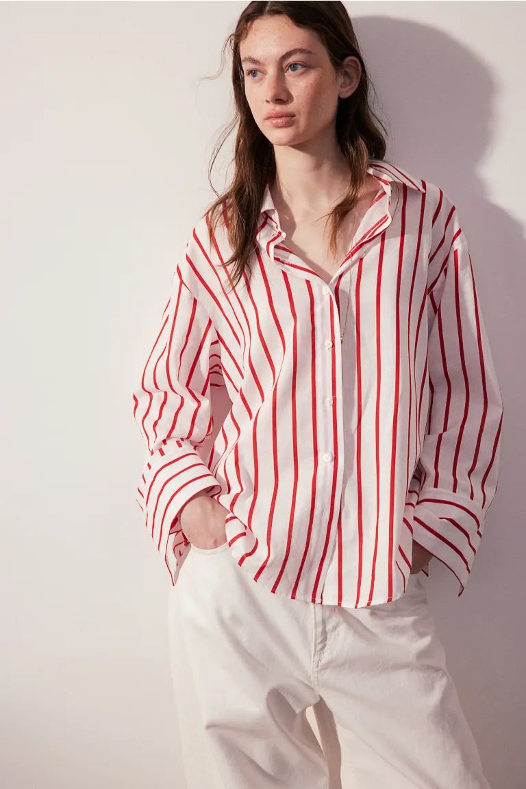 Linen-blend Shirt - Long sleeve - Regular length - White/red striped - Ladies | H&M US | H&M (US + CA)