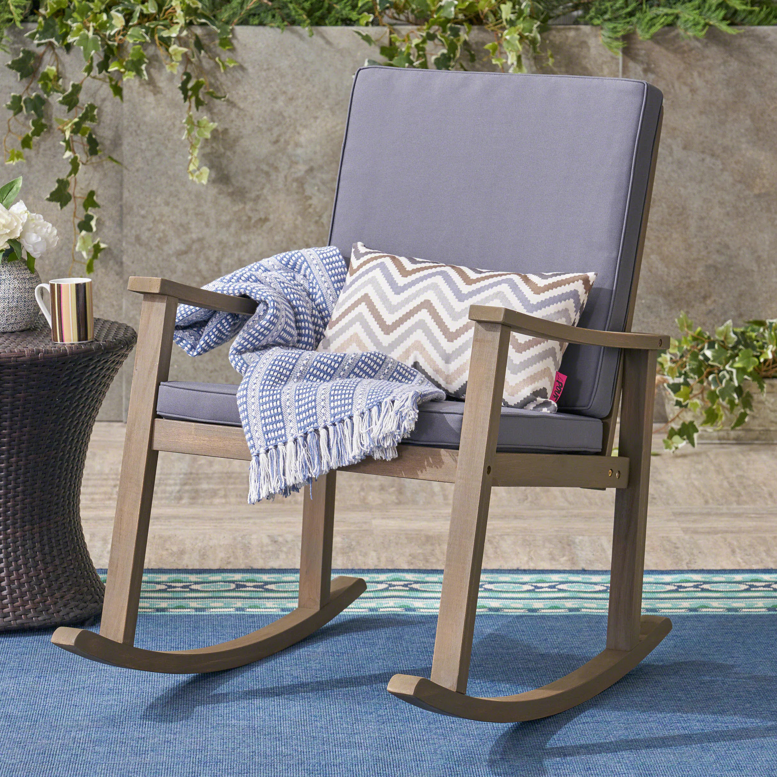 Christopher Knight Home Candel Outdoor Acacia Wood Rocking Chair Grey Finish and Dark Grey Cushion one_size | 304649 | Lowe's