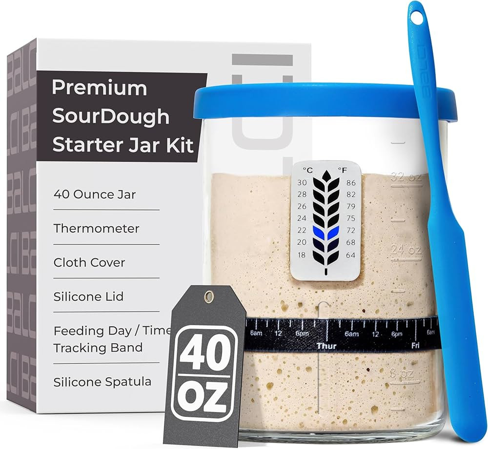 Premium Sourdough Starter Jar - 40oz Large Sourdough Jar with Marked Feeding Band, Thermometer, S... | Amazon (US)