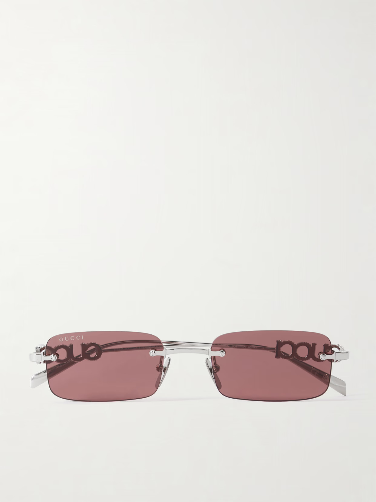GUCCI EYEWEAR - Lettering Rimless Rectangle-frame Crystal-embellished Silver-tone Sunglasses - One size | NET-A-PORTER (UK & EU)