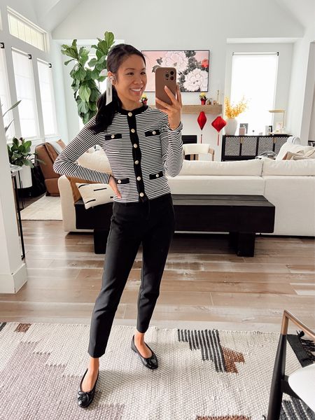Work outfit on sale! Love this striped button front top on final clearance and a pair of stretchy work pants I love. Wearing size XXS in the jacket to make it fit more like a top and petite 00 in the pants  

#LTKworkwear #LTKsalealert
