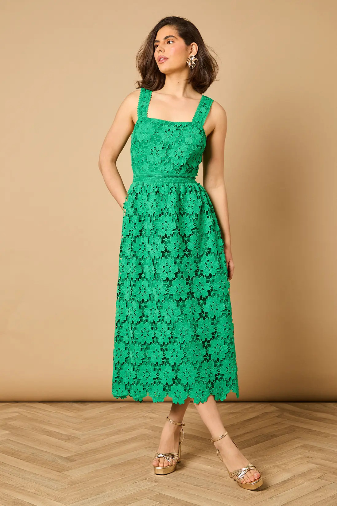 Emerald Oasis Floral Lace Detail Square Neck Midi Dress | Boohoo | Boohoo.com (UK & IE)