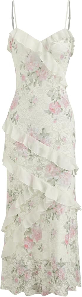 CIDER Women's Wedding Guest Dress Floral Ruffle Lace Maxi Dress V Neck Lined Elegant Dresses Vaca... | Amazon (US)