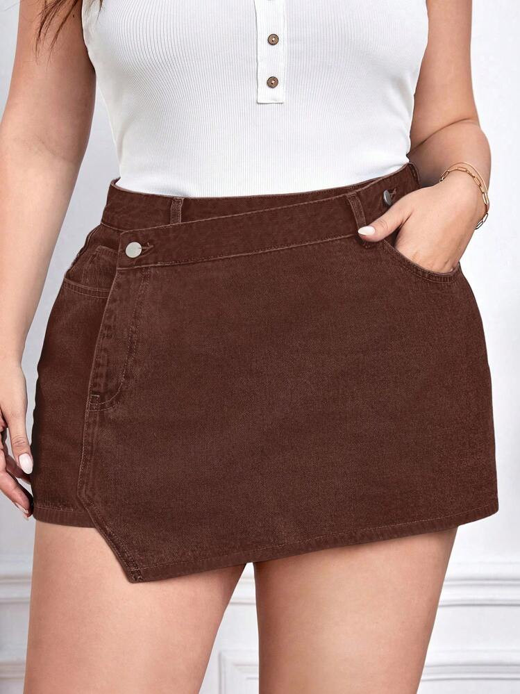 EMERY ROSE Plus Size Women Asymmetrical Hem Pocketed Casual Denim Culotte Skirt | SHEIN