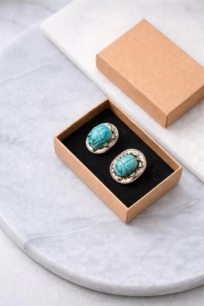 Vintage Turquoise Scarab Clip Earrings \u2013 Silver-Tone Marcasite Setting \u2013 Egyptian Beetl... | Etsy (Global)