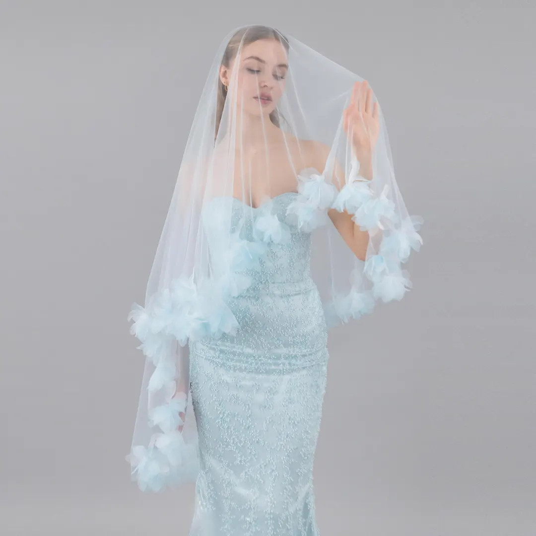 Baby Blue Fluff Flower Veil, Light Blue Tulle With Baby Blue Organza Flowers, Something Blue - Wi... | Etsy (US)