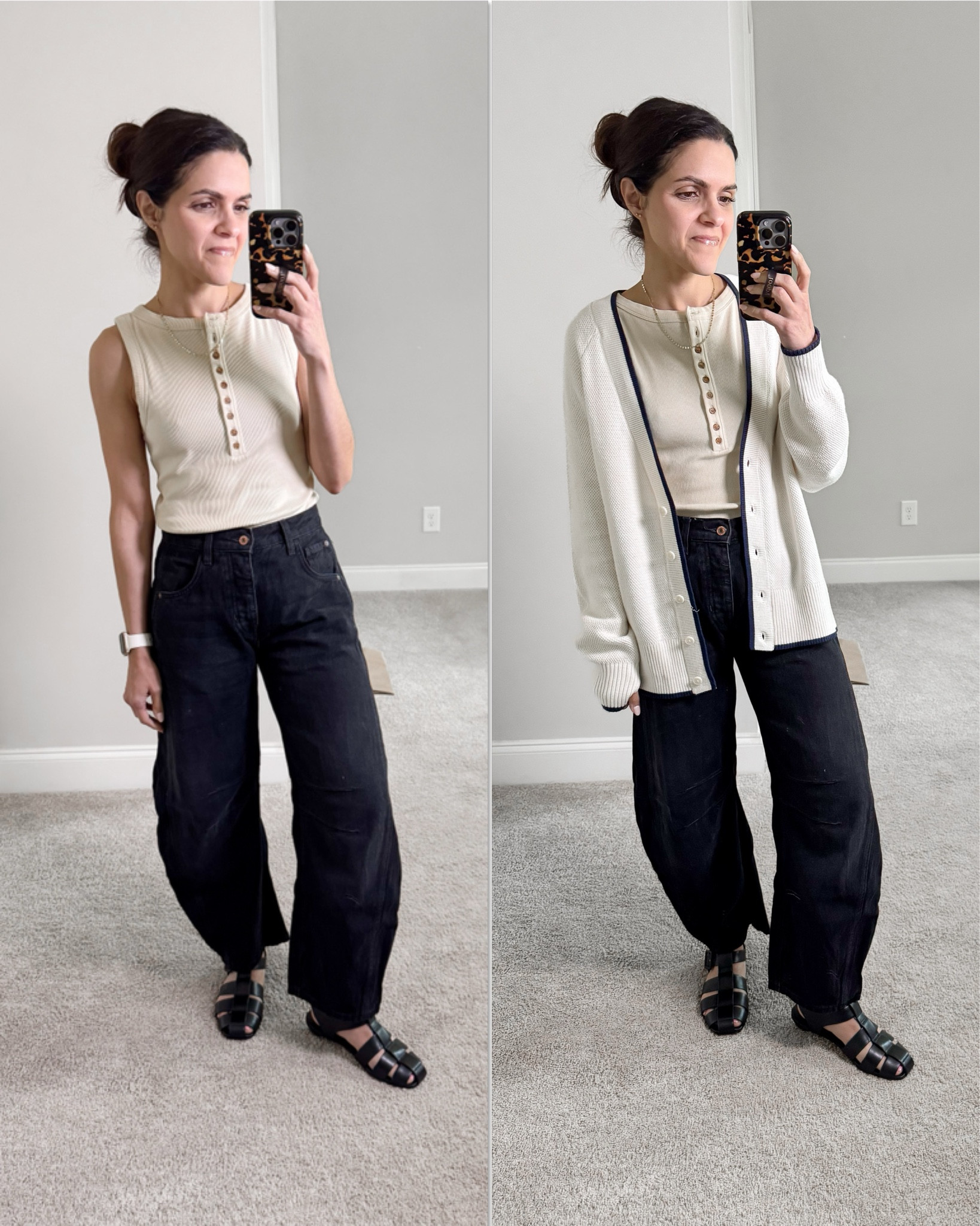 What I wore + inspo: 
Henley tank: Sezane, S
Barrel Jean: Free People, 24
Fisherman sandals: Everlane, tts
Cardigan: Aerie, XS 

#LTKStyleTip