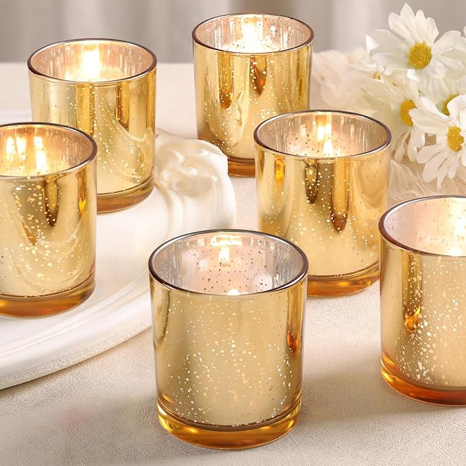 Larger Gold Votive Candle Holders Set of 6- Tea Light Candle Holder Glass, Gold Candle Holders fo... | Amazon (US)