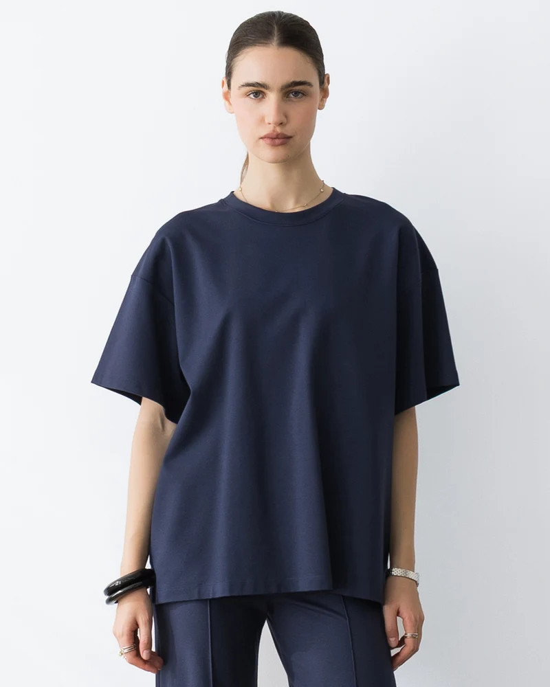 Navy Ponte Knit Big Shirt | Ripley Rader