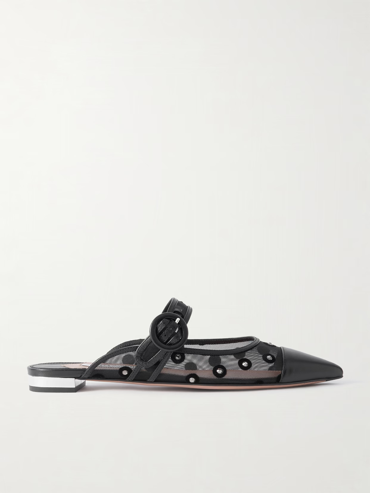 Aquazzura - Darling Daisy Crystal-embellished Flocked Polka-dot Leather-trimmed Mesh Mules - Black - IT39 | NET-A-PORTER APAC