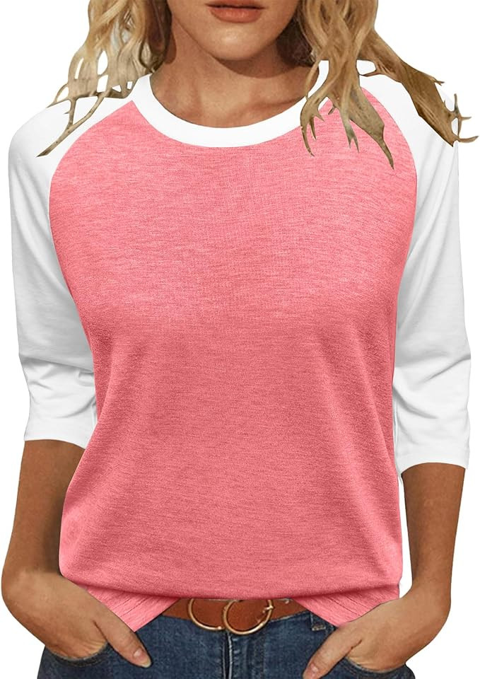 Heymiss Womens Tops 3/4 Sleeve Shirts Round Neck Loose Casual Tshirts Color Block Summer Tees | Amazon (US)