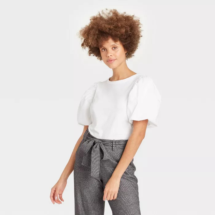 Women's Puff Short Sleeve Round Neck Mixed Media T-Shirt - A New Day™ | Target