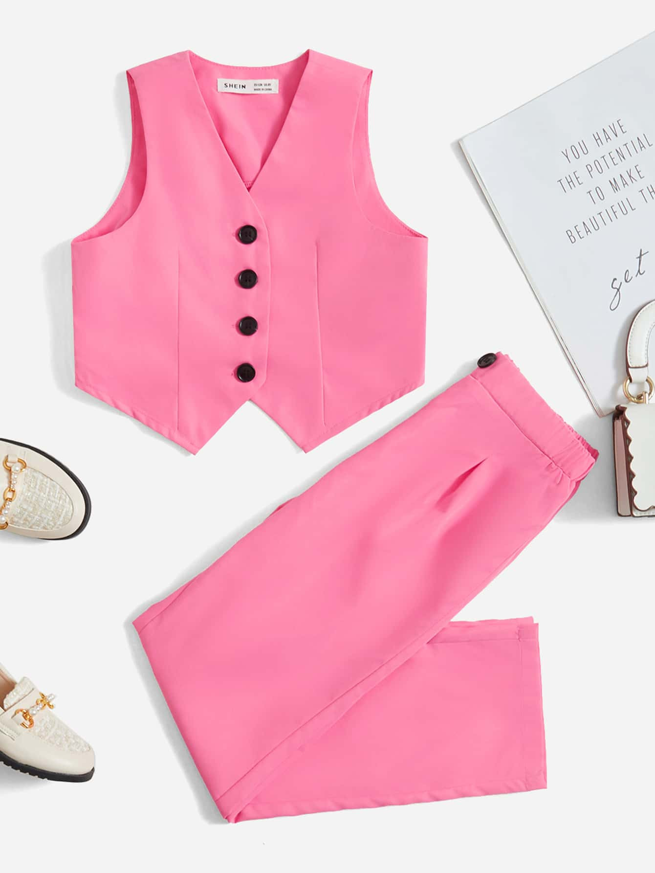 SHEIN Kids FANZEY Girls Button Front Vest Jacket & Pants | SHEIN