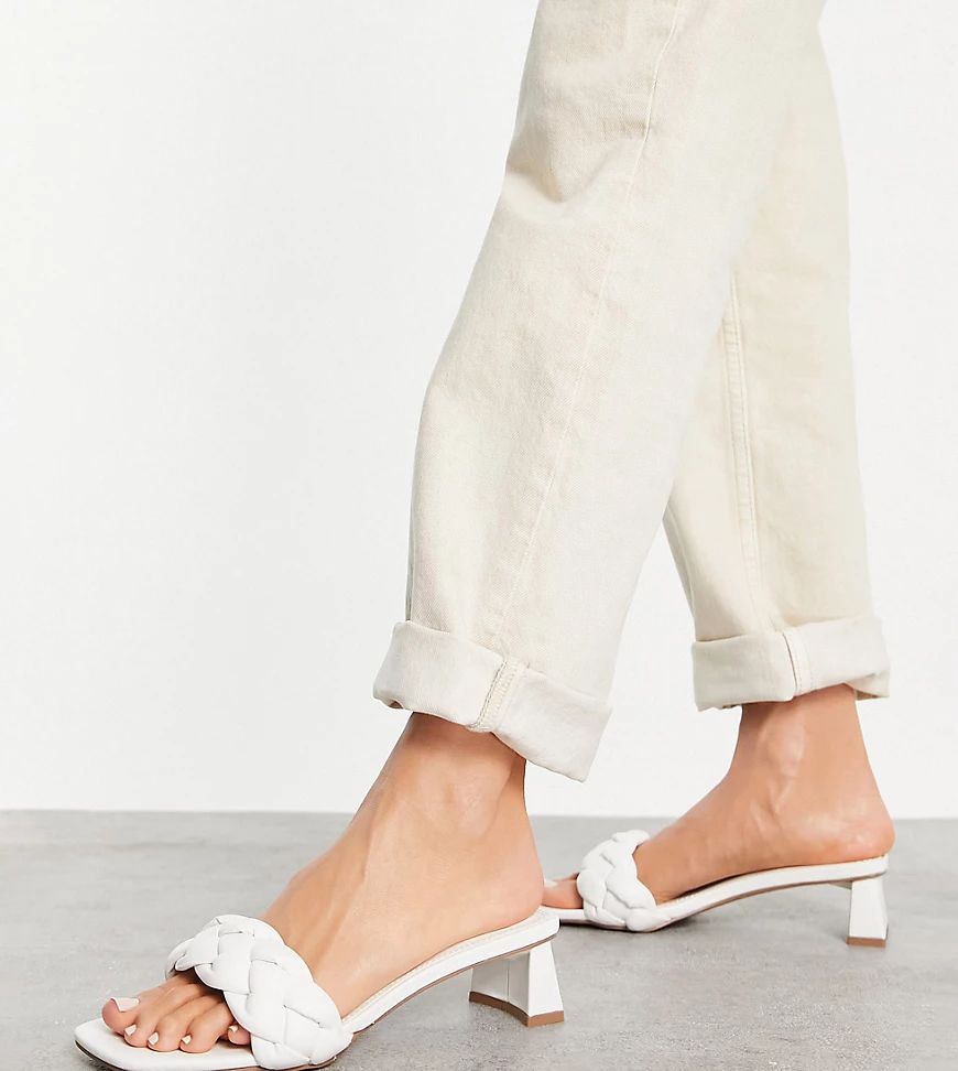 ASOS DESIGN Wide Fit Hosta weave mid heeled mules in white | ASOS (Global)