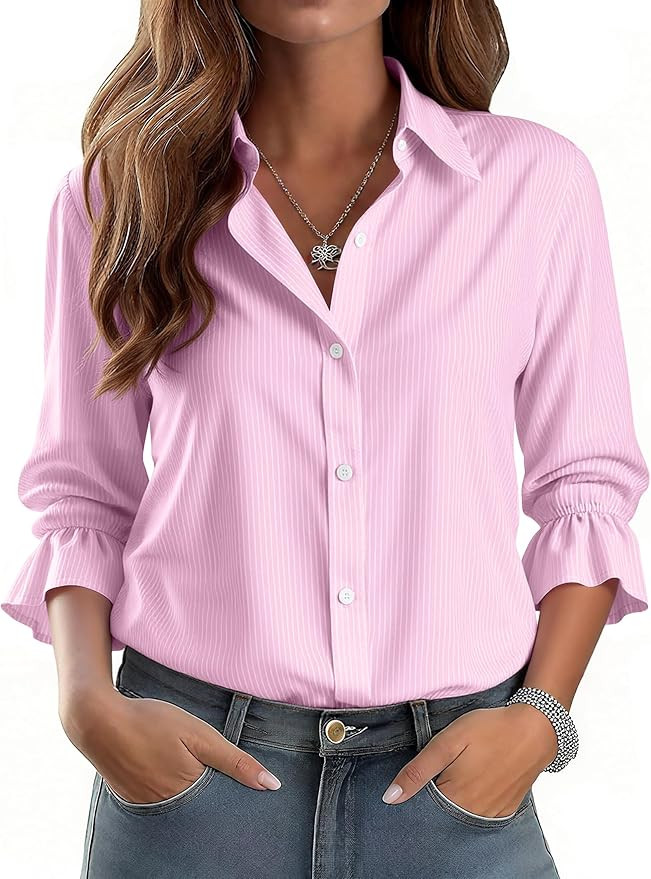 ANRABESS Womens Long Sleeve Collar Shirts Striped Button Down Dressy Blouse 2026 Spring Business ... | Amazon (US)