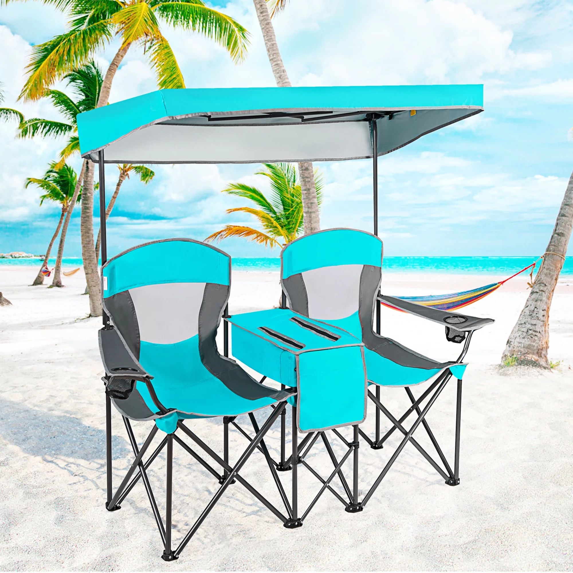 Gymax Folding 2-person Camping Chairs Double Sunshade Chairs w/ Canopy Turquoise | Walmart (US)