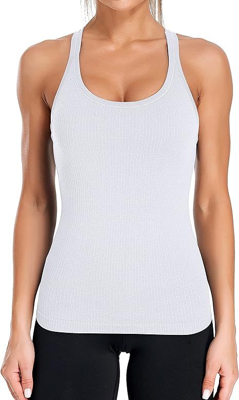 ATTRACO Ribbed Workout Tank Tops for Women with Built in Bra Tight Racerback Scoop Neck Athletic ... | Amazon (US)