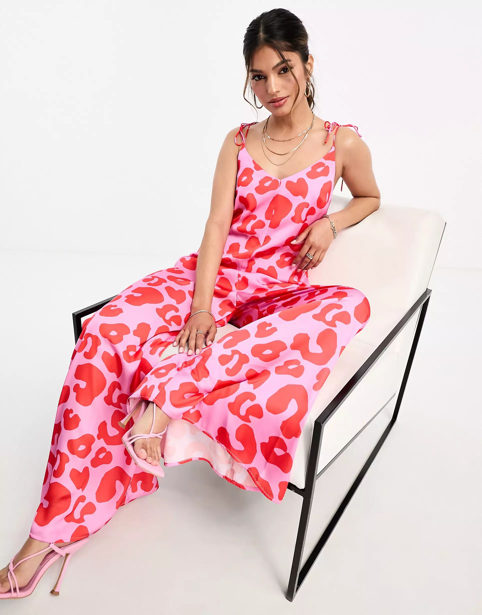 Never Fully Dressed wide leg jumpsuit in pink and red leopard | ASOS (Global)