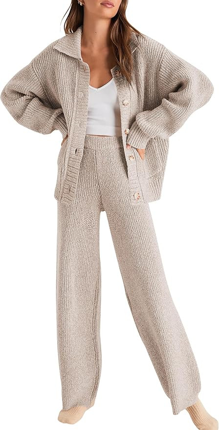 Cakulo Womens 2025 Lounge Sets 2 Piece Outfits Fall Button Sweater Matching Set Wide Leg Loungewe... | Amazon (US)
