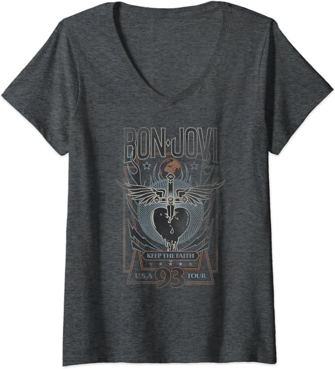 Womens Bon Jovi Keep the Faith V-Neck T-Shirt | Amazon (US)
