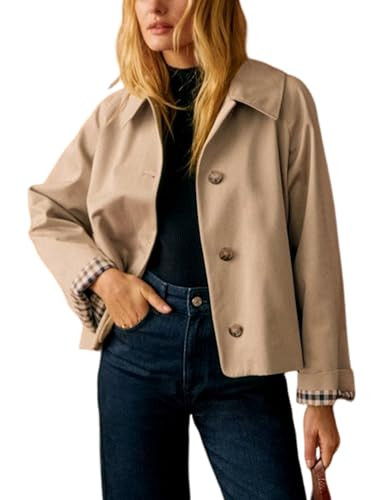 Women Oversize Trench Coat Plaid Lining Lapel Button Down Casual Crop Jacket Outwear with Pockets | Amazon (US)