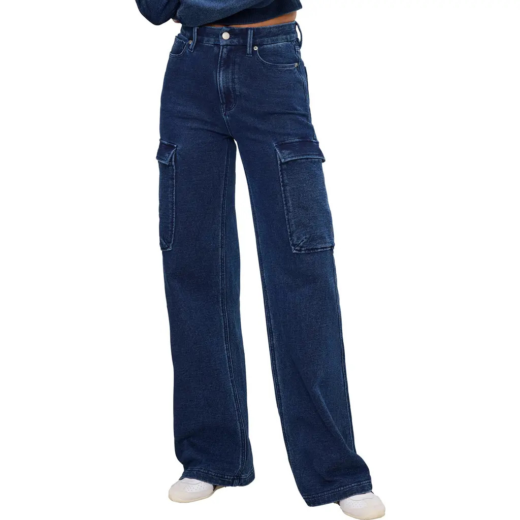 Good American Jeanius Good Skate Wide Leg Cargo French Terry Pants in Indigo377 at Nordstrom Rack, Size 2 | Nordstrom Rack