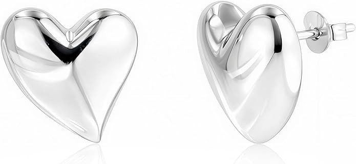 Brass Puffy Heart Stud Earrings for Women in White and Yellow Finish with Secure Pushbacks | Amazon (US)