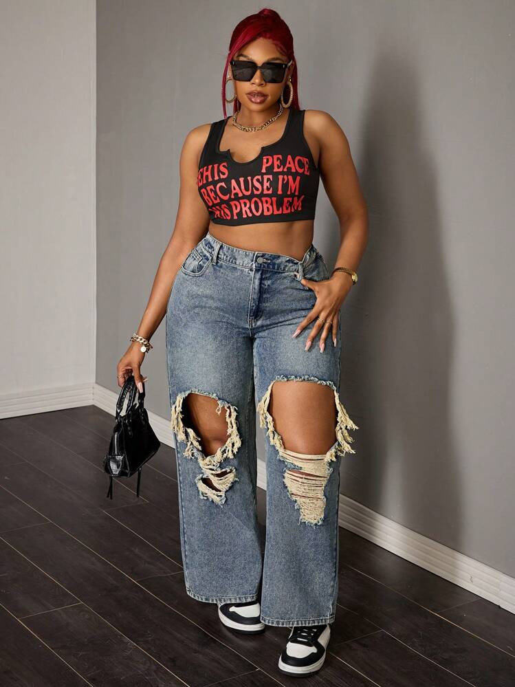 SHEIN SXY Plus Size Front Button Pocket Distressed Simple Casual Jeans | SHEIN