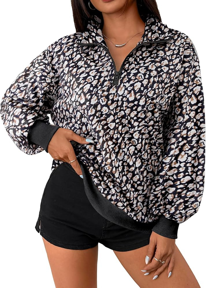 SOFIA'S CHOICE Leopard Sweatshirt Quarter Zip Long Sleeve Oversized Pullover Cheetah Top | Amazon (US)