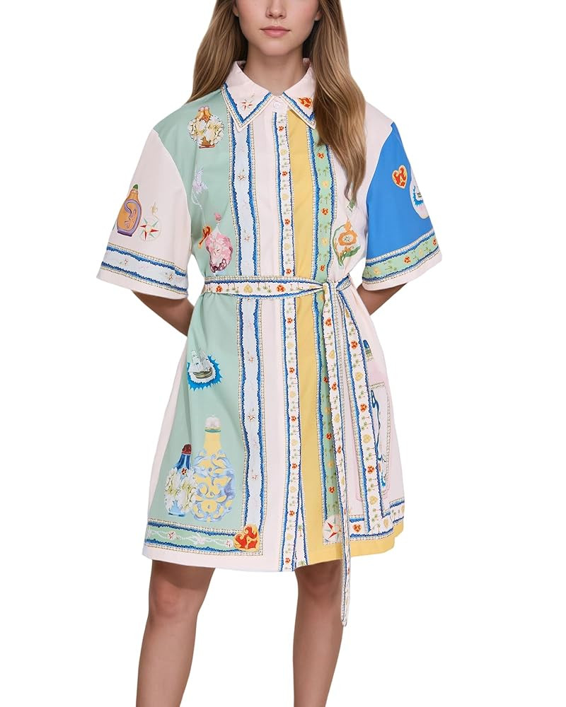 FOTN Vintage Shirt Dresses for Women 2025 Colorful Graffiti Belted Dress Button Short Sleeve Flor... | Amazon (US)