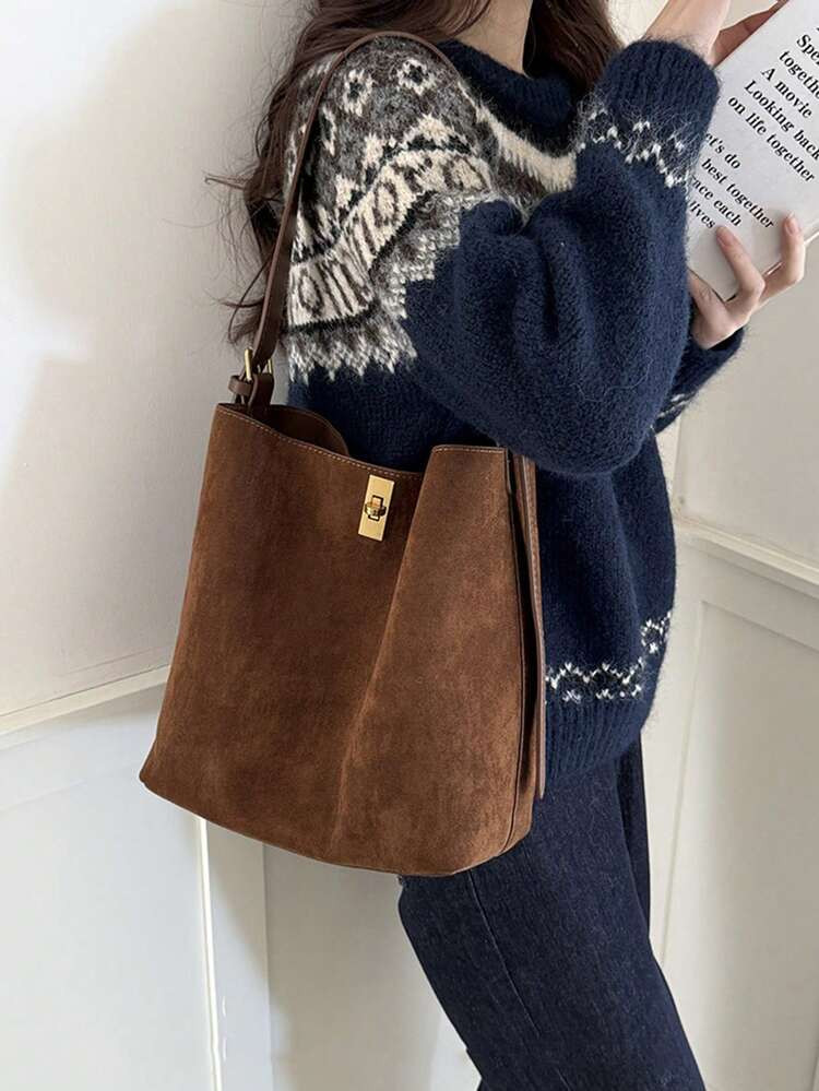 2025 New Vintage Bag Brown Large Capacity Bucket Bag, Shoulder Bag, Underarm Bag, Crossbody Bag Business Women's Casual Lightweight Daily Commuter Bag Fashion Student Women's Bag, Suitable For Work, Shopping, And Daily Use | SHEIN