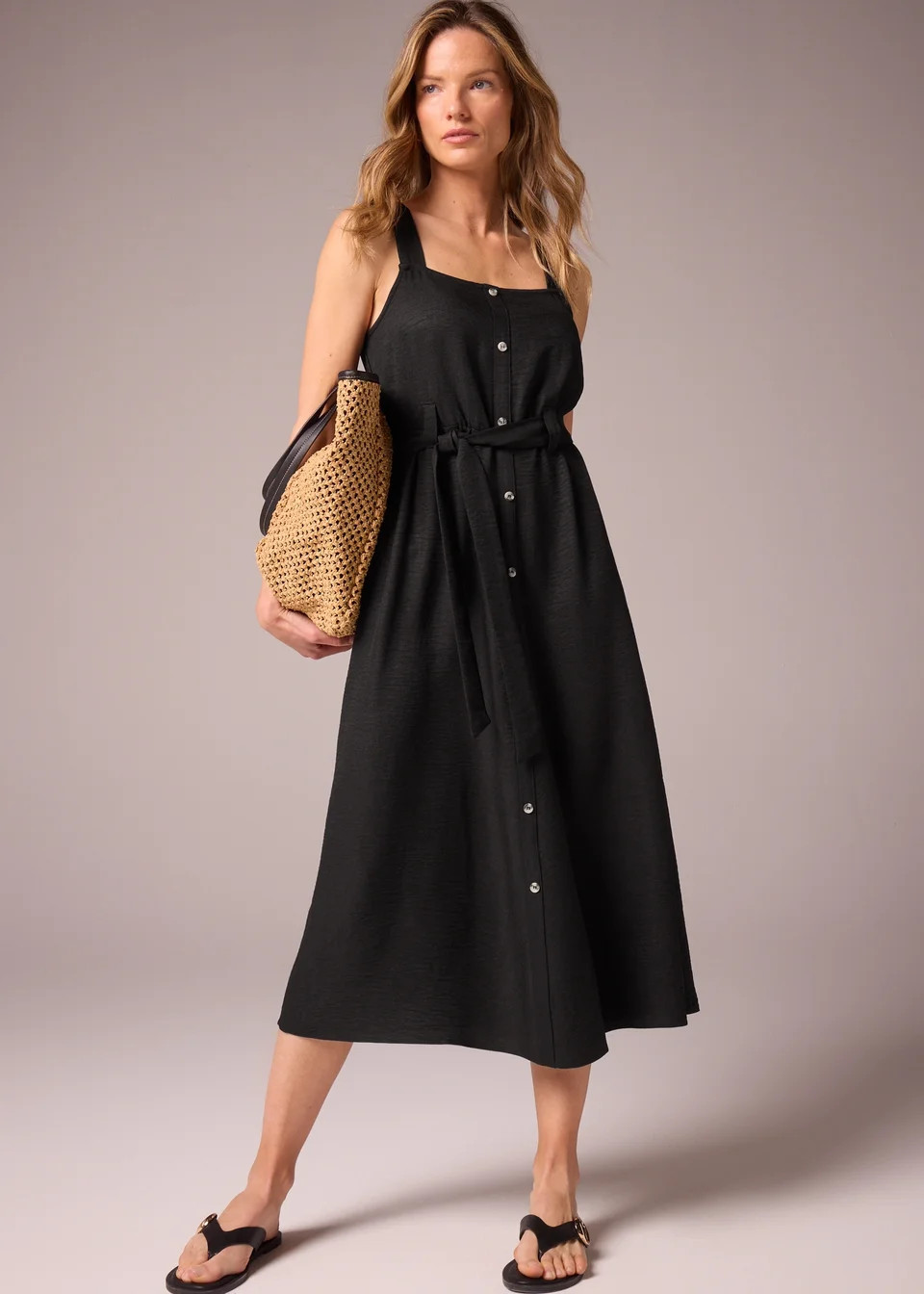Black Square Neck Belted Midi Dress | Matalan (UK)