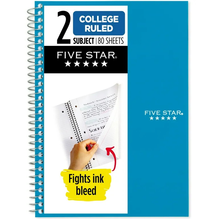 Five Star 2 Subject College Ruled Notebook, 6" x 9.5", Tidewater Blue, Poly, Spiral, 80 Sheets | Walmart (US)