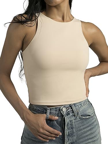 Colorfulkoala Women's High Neck Tank Tops Body Contour Sleeveless Crop Double Lined Yoga Shirts | Amazon (US)