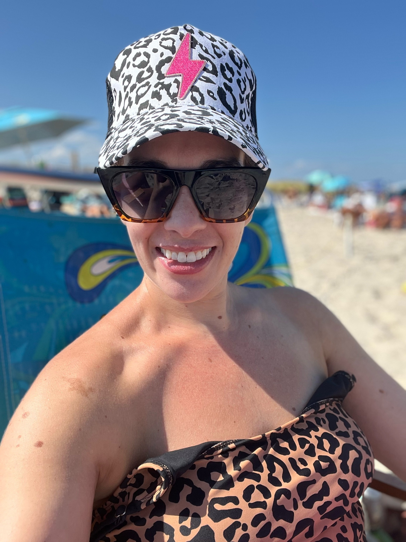 Leopard print bathing suit (size medium). #bathingsuit #onepiece #leopardprintsuit #hat #truckerhat #sunglasses 

#LTKFindsUnder100 #LTKStyleTip #LTKSwim