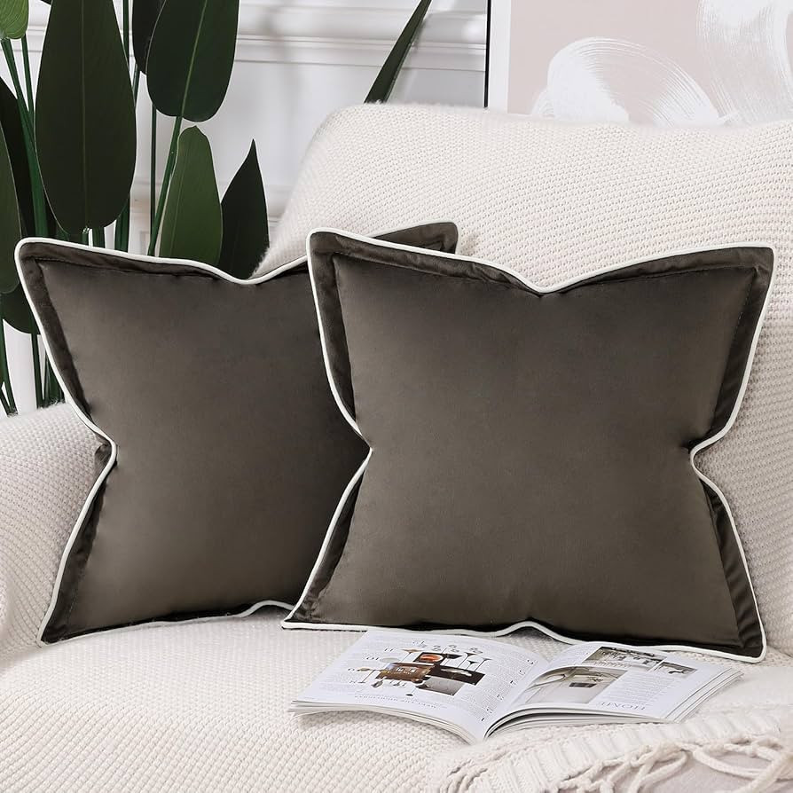 MADIZZ Set of 2 Velvet Fringed Throw Pillow Covers 20x20 Inch Dark Taupe Soft Decorative Cushion ... | Amazon (US)