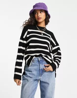 New Look knit striped crew neck sweater with side slit detail in black | ASOS (Global)