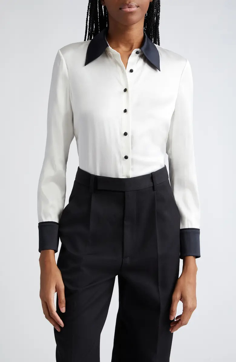 Alice + Olivia Willa Contrast Trim Stretch Silk Button-Up Shirt | Nordstrom | Nordstrom