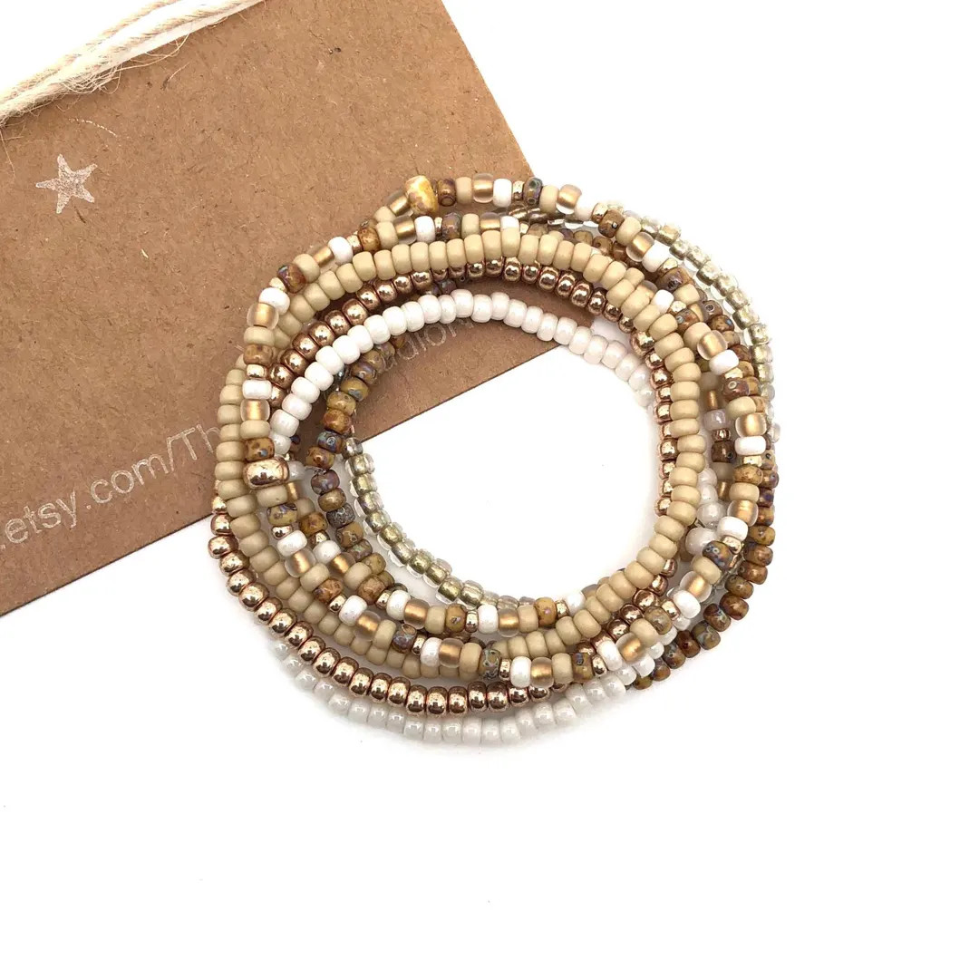 Miyuki Beaded Bracelet, Boho Beaded Stretch Bracelet, Beaded Bracelet Brown, Beige & Off-white, G... | Etsy (US)