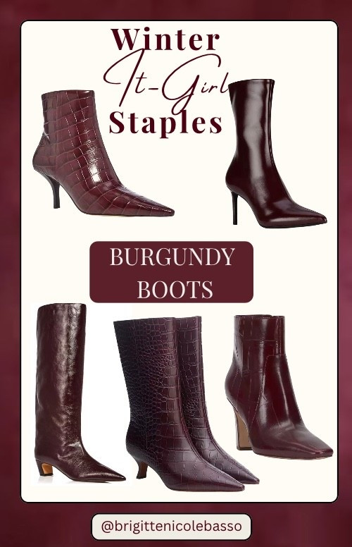 Burgundy boots are the winter It-Girl essential—rich, wine-toned leather that feels elevated, moody, and ultra-luxurious for cold-weather dressing. This shade is the quiet-luxury upgrade to classic black, pairing effortlessly with wool coats, denim, cashmere, camel knits, and holiday party looks. From sleek pointed-toe heels to croc-embossed textures and structured knee-high silhouettes, burgundy footwear adds depth, polish, and a touch of editorial drama to any winter outfit. Shop luxe-looking burgundy boots, croc embossed ankle boots, high-heel winter boots, dark red leather knee-high styles, and everyday winter boot staples perfect for seasonal outfits and holiday style. #BurgundyBoots #WinterItGirl #QuietLuxuryStyle #WineLeatherBoots #LTKWinterFashion #DarkRedBoots #CrocEmbossed #ColdWeatherOutfits #CapsuleWardrobe #ElevatedWinterBasics
