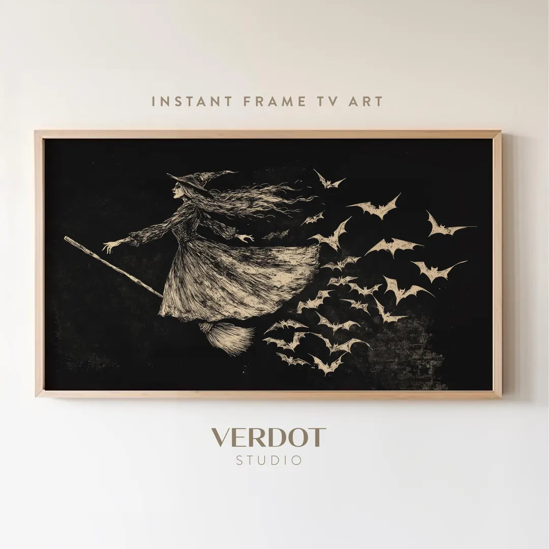 Flying Witch Halloween Frame TV Art, Vintage Witch and Bats Screensaver, Dark Neutral Halloween D... | Etsy (US)