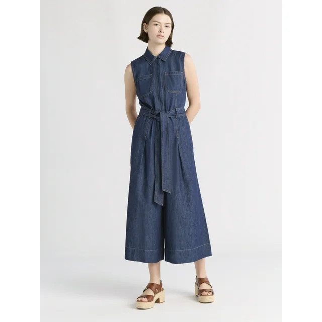 Free Assembly Women's and Women's Plus Chambray Wide Leg Cropped Jumpsuit, Sizes XS-4X | Walmart (US)