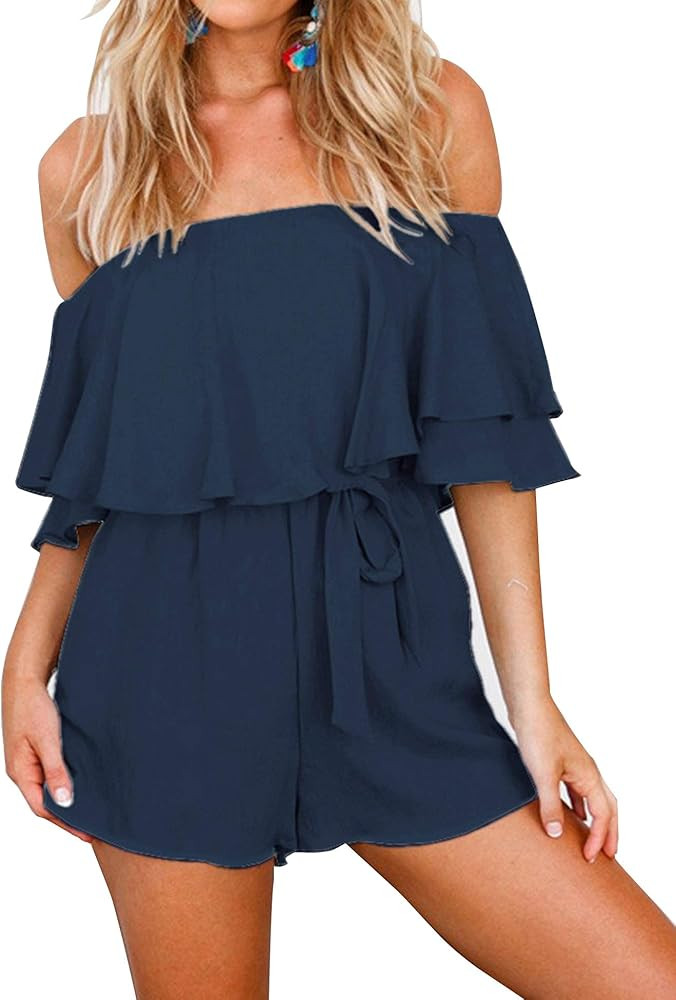 Relipop Women's Solid Jumpsuit Off Shoulder Shrot Sleeve Wasit Tie Short Casual Rompers | Amazon (US)