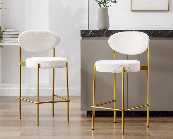 Modern Kitchen Gold Bar Stools with Open Back, 26 Inch Faux Sherpa Boucle Upholstered Counter Hei... | Amazon (US)