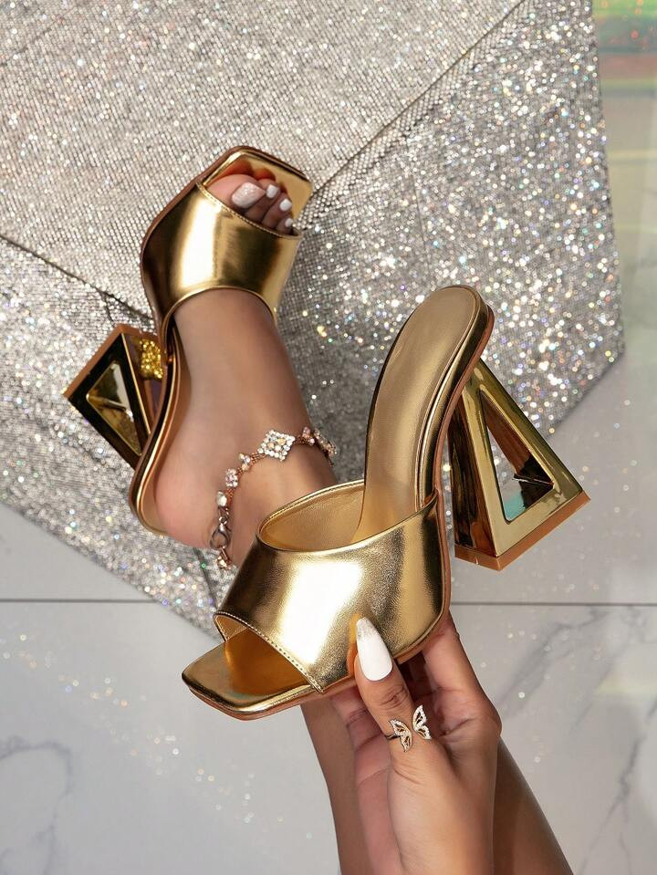 Golden High-Heeled Mules With Unusual Heels, Trendy And Versatile Summer New Slipper Sandals For ... | SHEIN