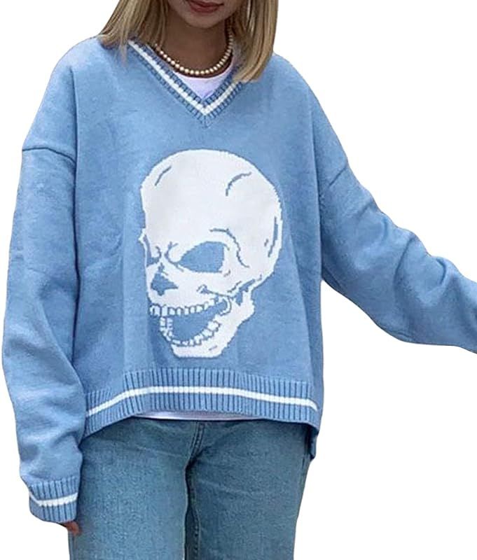 Women's Knitted Top V Neck Long Sleeve Skull Print Pullover Sweater Knitwear Tunic Tops for Girl | Amazon (US)