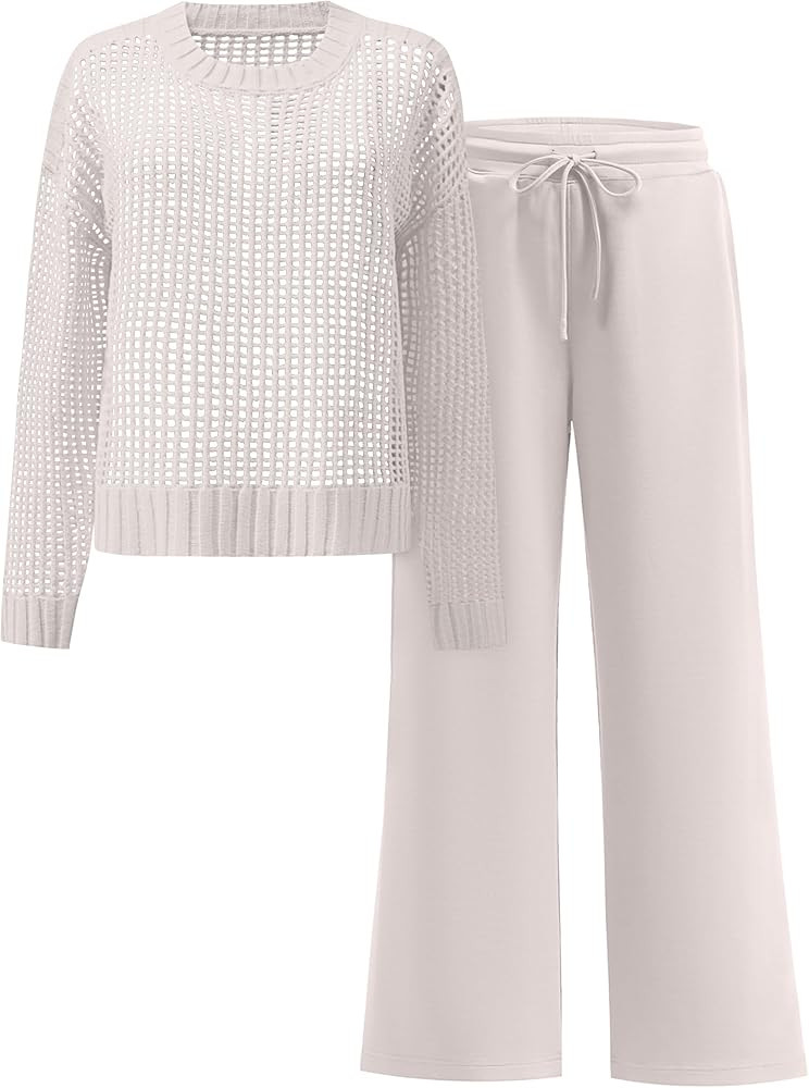 ANRABESS Womens 2 Piece Outfits Crochet Sheer Knit Sweater Top Wide Leg Pants Lounge Sets Sweatsu... | Amazon (US)