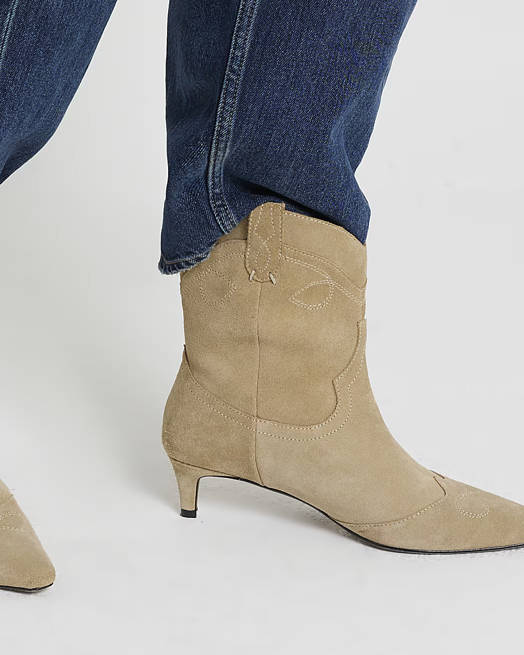 Beige Suede Kitten Heeled Western Boots | River Island (UK & IE)